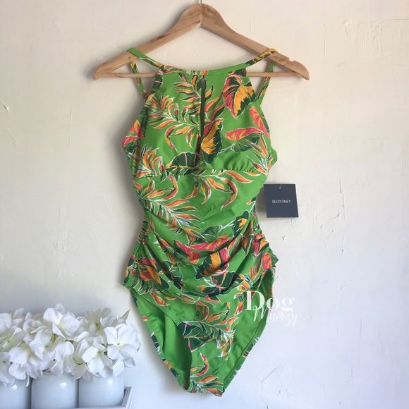 Ellen Tracy Summer Fronds Halter Neck Ruched One piece Swim - Picture 1 of 6